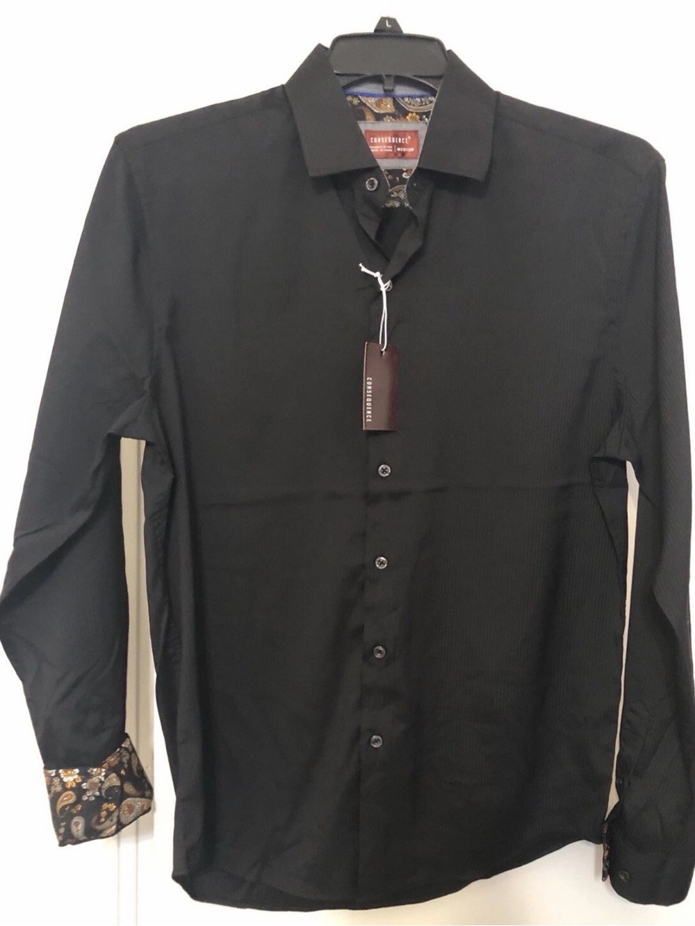 Consequence Long Sleeve Button Down Black On Black Pinstriped Paisley Trim Med